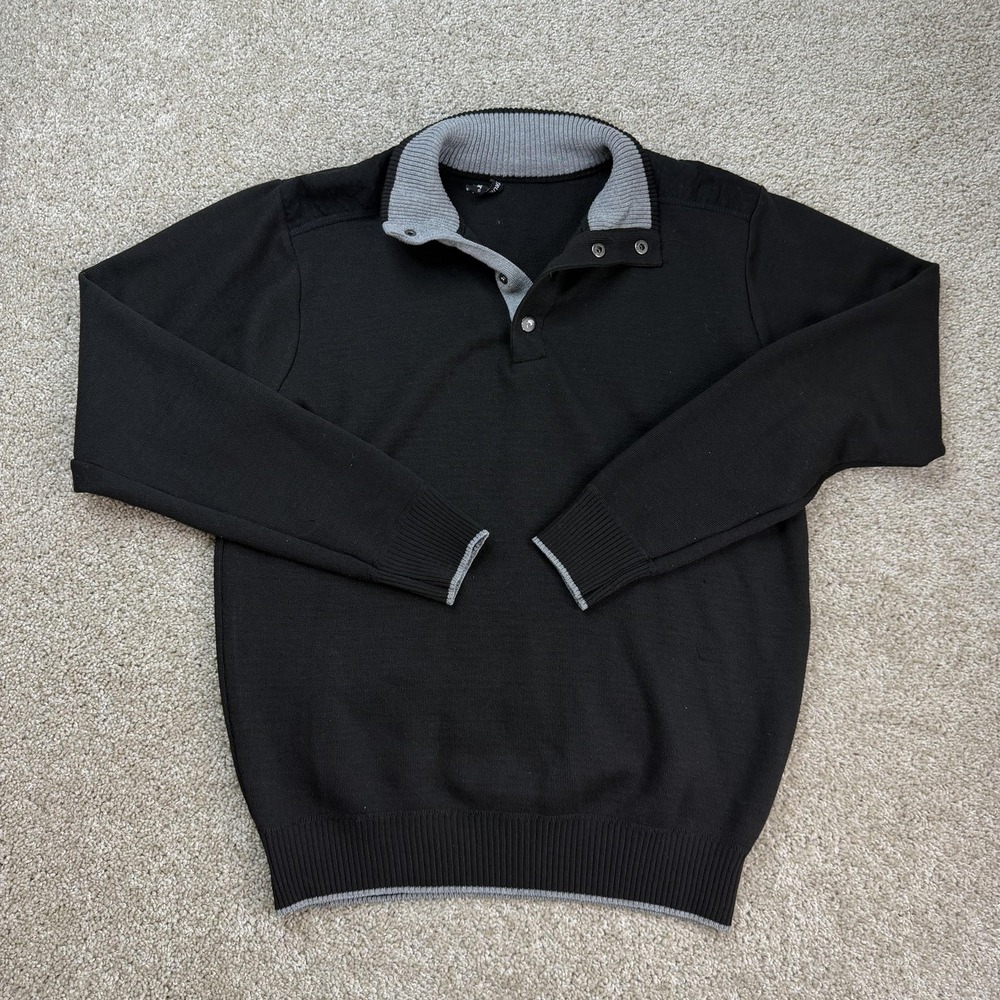 True Rock Sweater Mens Large Black Knit Mock Neck Button Pullover Winter Casual